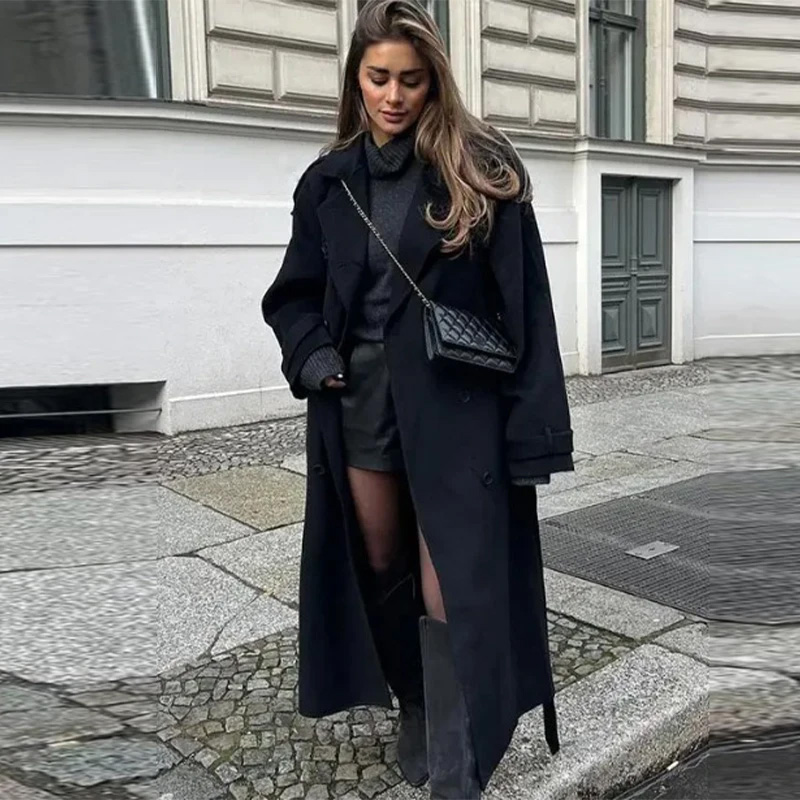 Elegant Grey Belt Long Faux Wo – Wool Coat Peacoat Bewertung und Preis