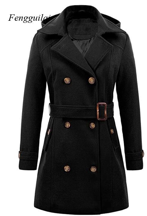 Women's Black Hooded Double Br – Wool Coat Peacoat Bewertung und Preis