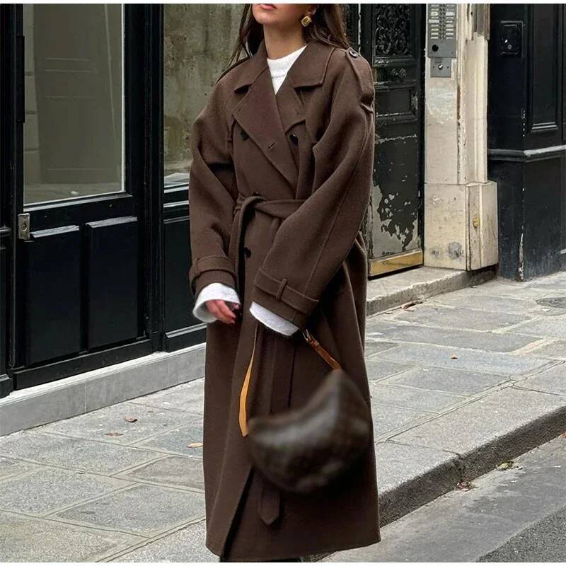 Elegant Grey Belt Long Faux Wo – Wool Coat Peacoat Bewertung und Preis